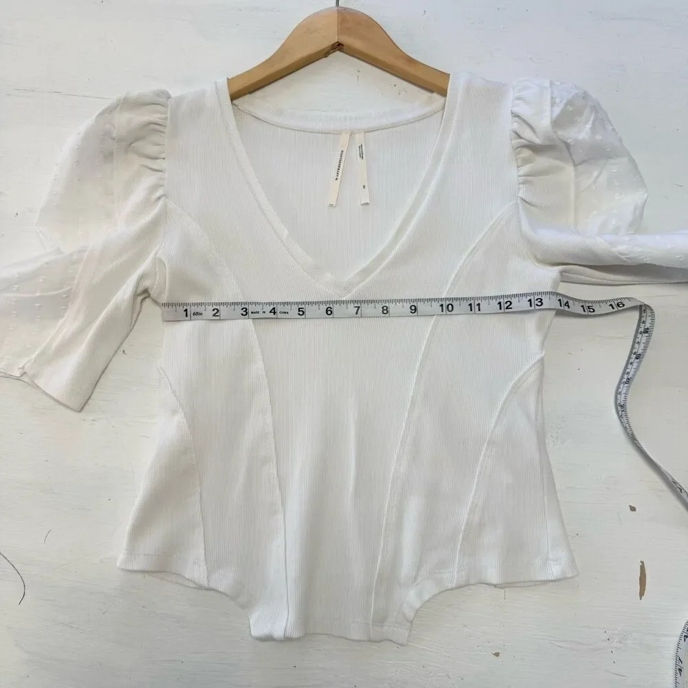 By Anthropologie Puff-Sleeve Structured V-Neck Tee Blouse T-Shirt Ribbed XS